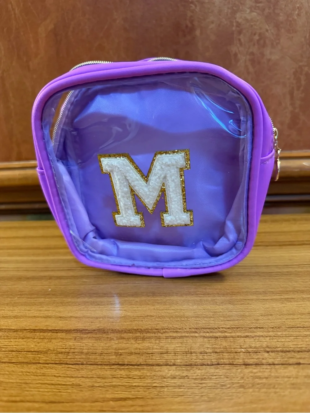 Preppy Clear Makeup Bag Initial M Purple Nylon Toiletry Pouch Travel Mini New